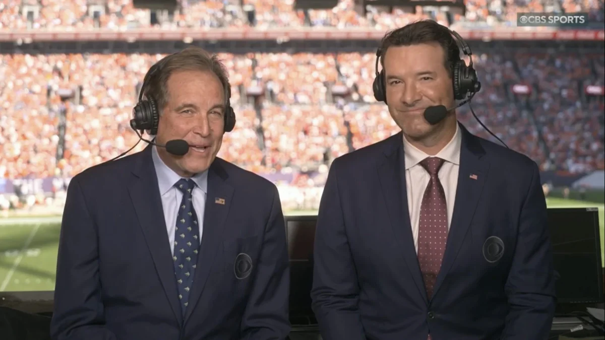 Jim Nantz and Tony Romo in the 'NFL on CBS' broadcast booth for Chiefs-Broncos in Denver. Photo Credit: CBS